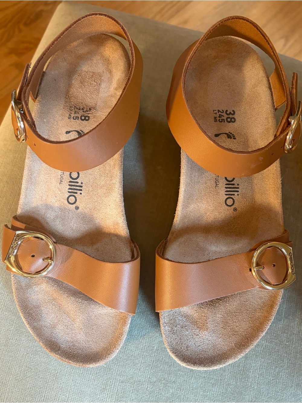 BIRKENSTOCK PAPILLIO NEW $145 SOLEY Leather Wedge Sandals 38/7 Tan - Picture 2 of 5